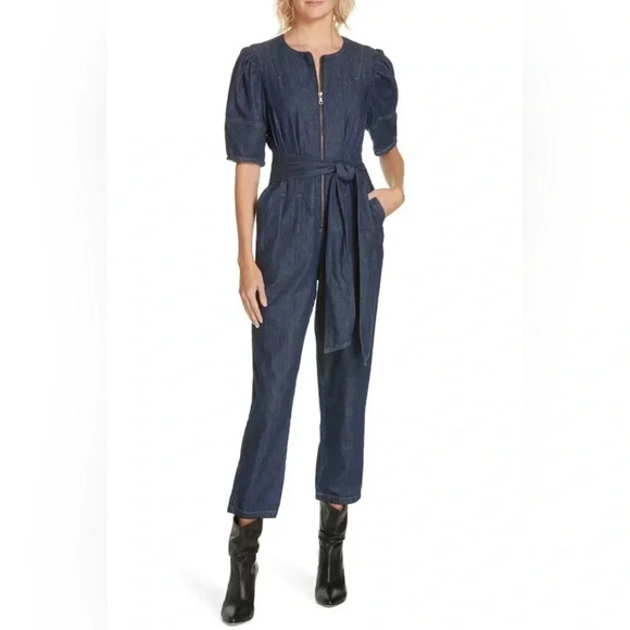 La Vie Rebecca Taylor Size S Puff Sleeve Denim Jumpsuit NEW! - Picture 1 of 9